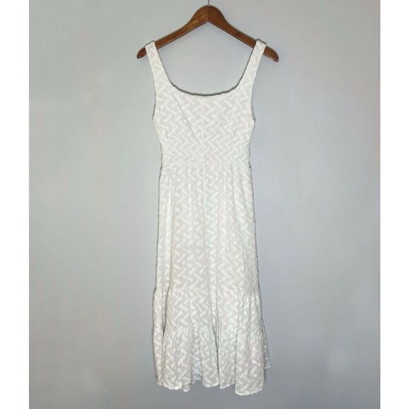 Line And Dot White Textured Tiered Summer Dress Size Medium New - Picture 4 of 5